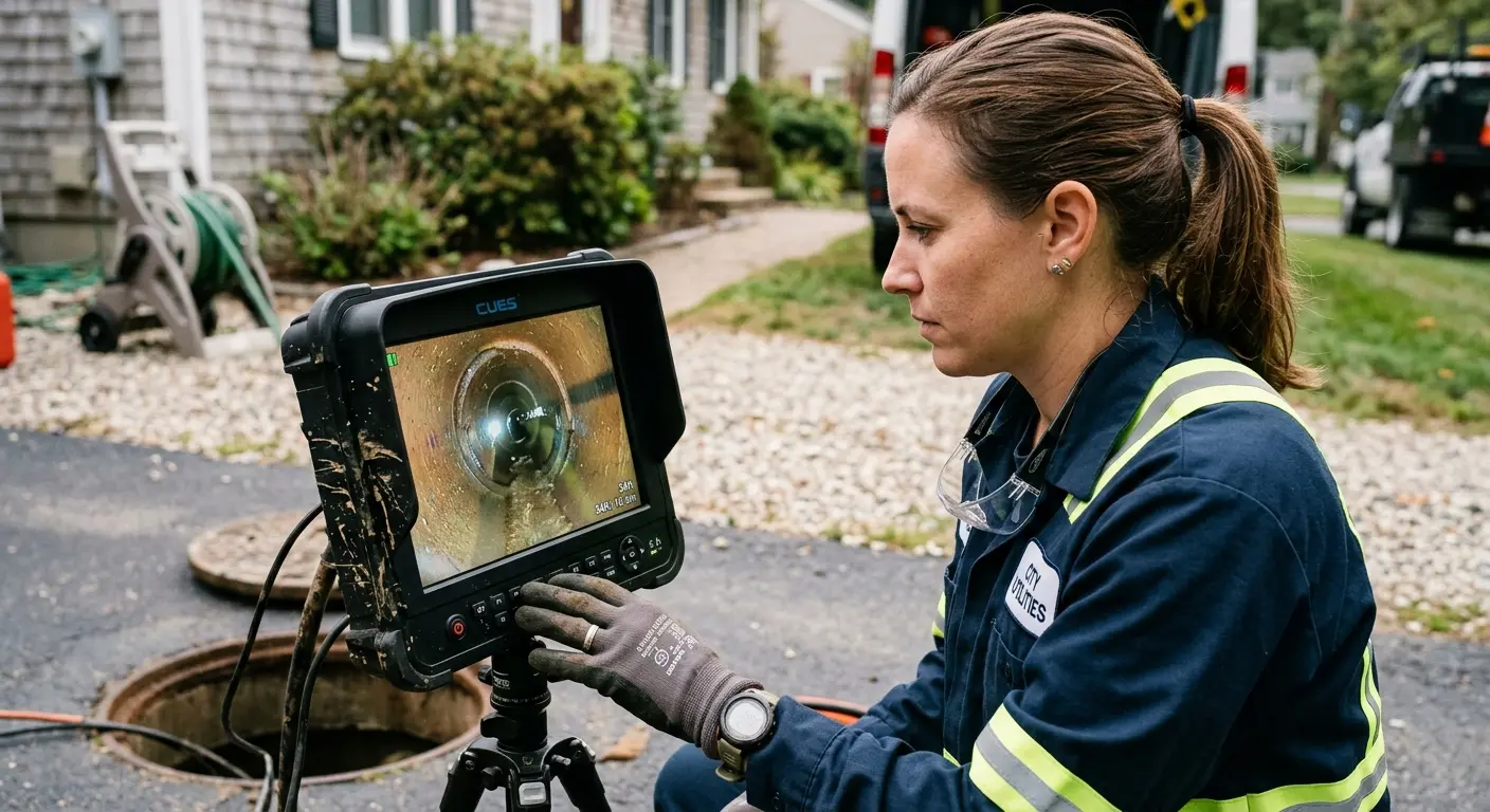 Technician reviewing sewer camera inspection footage in Webster