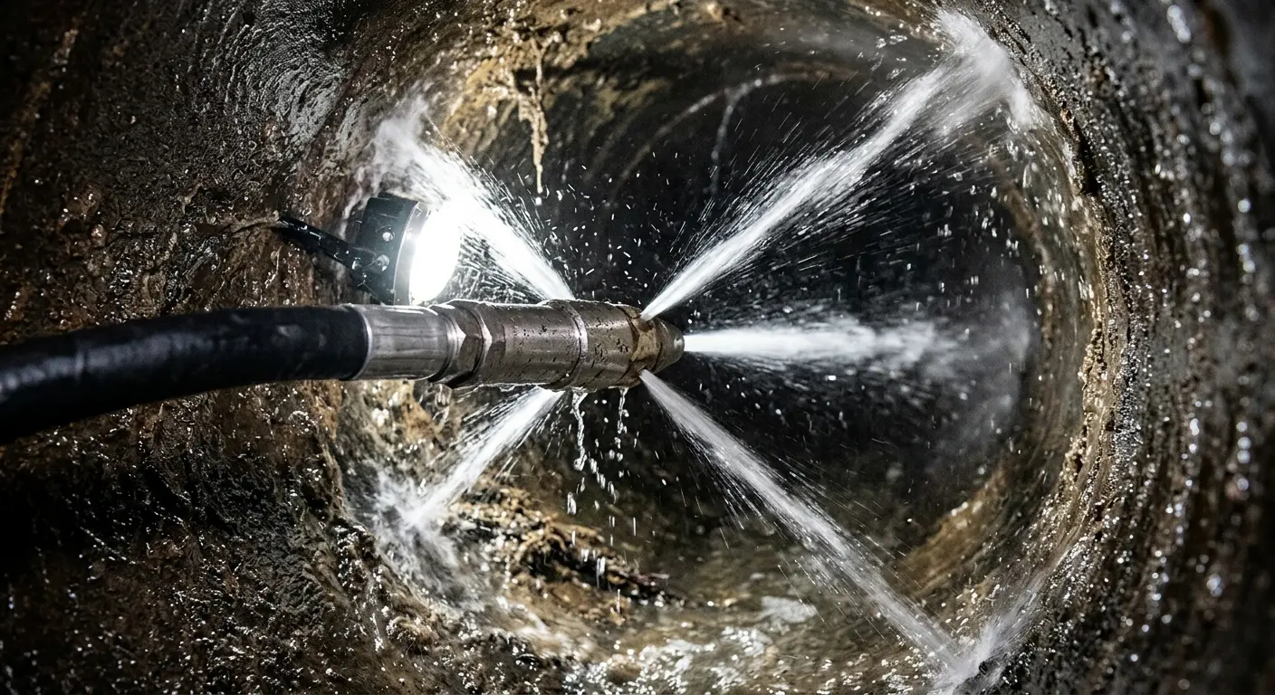 High-pressure hydro jetting nozzle cleaning sewer pipe for Emergency Drain Service in Webster