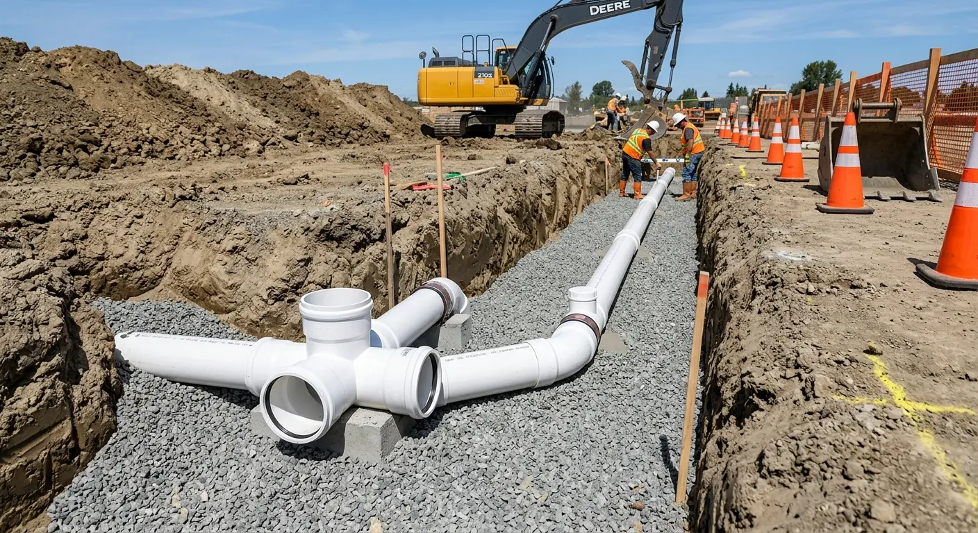 New PVC sewer pipe installation in open trench for Commercial Drain Cleaning in Webster