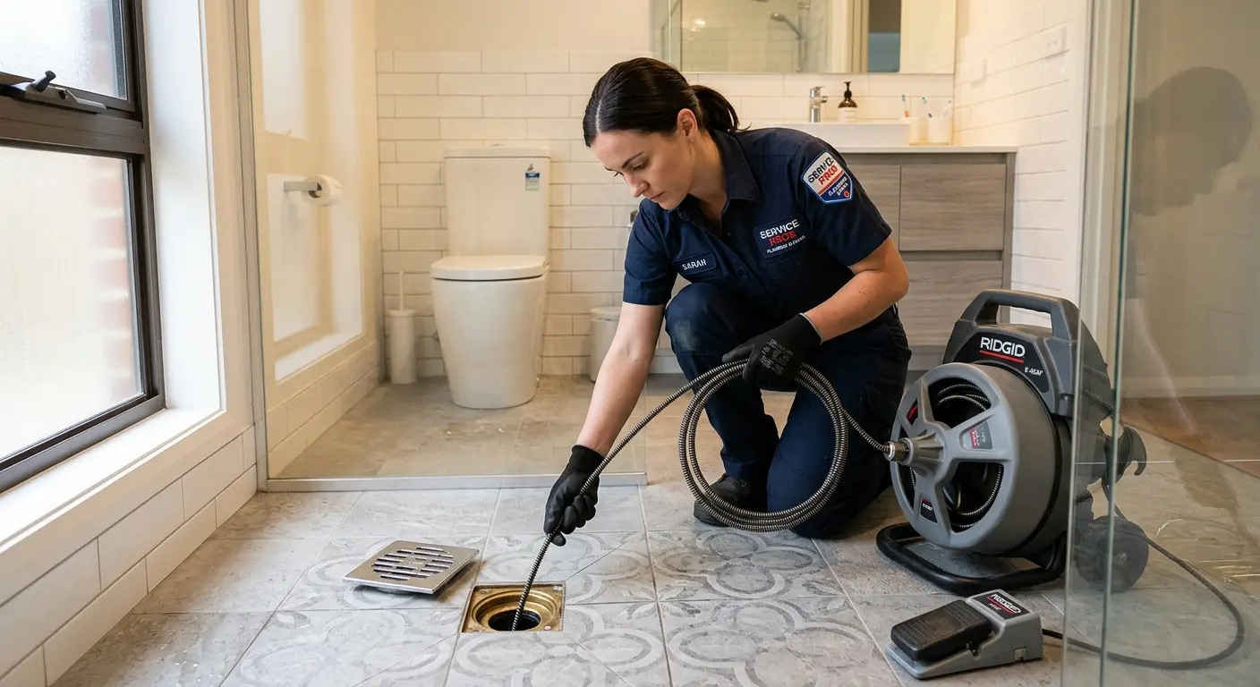 Technician clearing a bathroom floor drain for Sewer Line Replacement in Webster